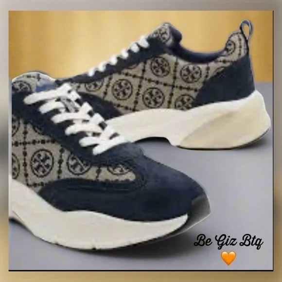 🔥🔥Authentic Tory Burch T Monogram Good Luck Sneakers M Navy Blue Monogram Size11 - Picture 2 of 13